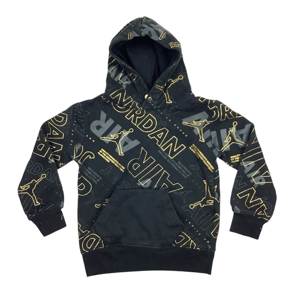 Air Jordan Hoodie Sweatshirt Boys XS 3-4 Black Gold All Over Print Air Jump Man